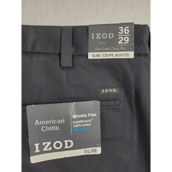 CC - IZOD Dress American Chino Pants Men 36 X 29 Solid Black Slim Flat Front NWT - Picture 5 of 9
